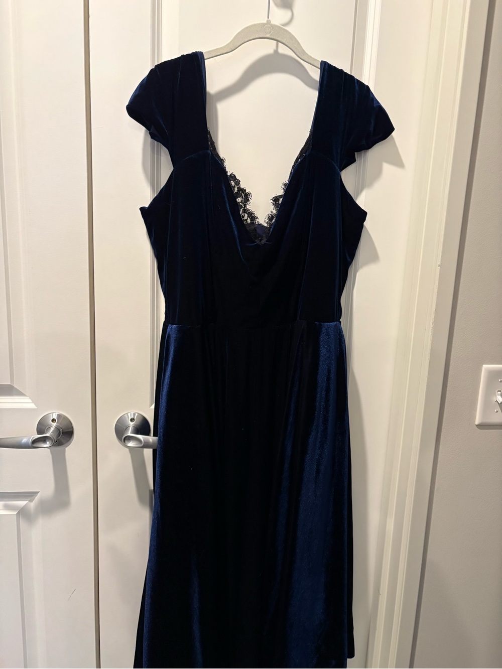 Navy Velvet Midi Dress with Lace V-Neck